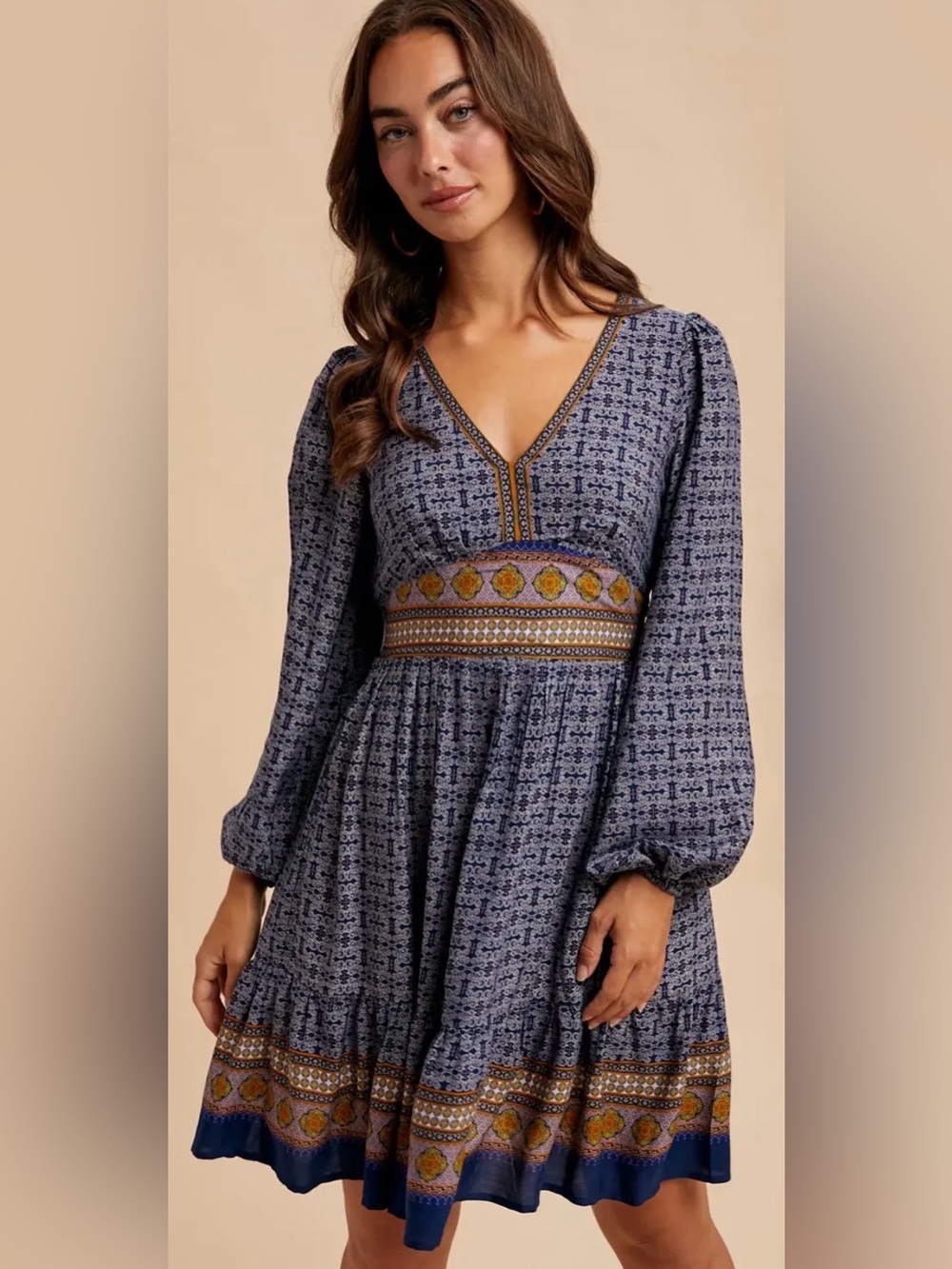 Boho V-Neck Long Sleeve Blue Printed Dress Size Medium